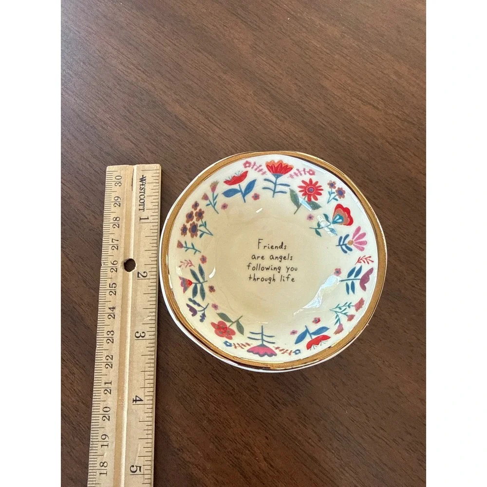 Natural Life Friends Are Angels Floral Ceramic Trinket Dish Gold Rim Ring Bowl